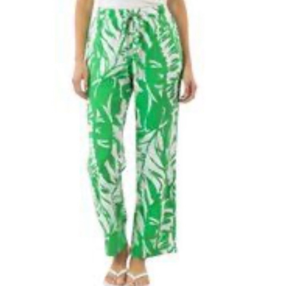 Lilly Pulitzer Green Leaf-Print Wide Palazzo Leg Drawstring Pants Size Medium